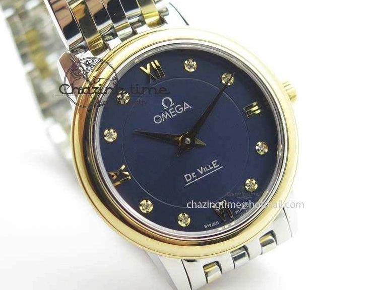 0124 HighQuality De Ville 27mm SS YG Ladies MK 1:1 Best Edition Blue Dial Diamond Markers On SS Bracelet Ronda Quartz 8186